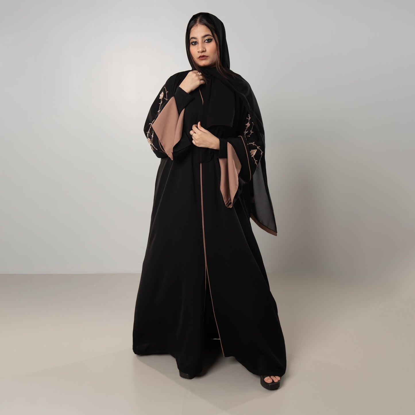 Hayat Elegant Abaya with Gold Zari Handwork & Contrast Bell Sleeves