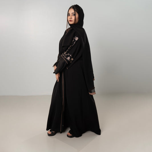 Hayat Elegant Abaya with Gold Zari Handwork & Contrast Bell Sleeves