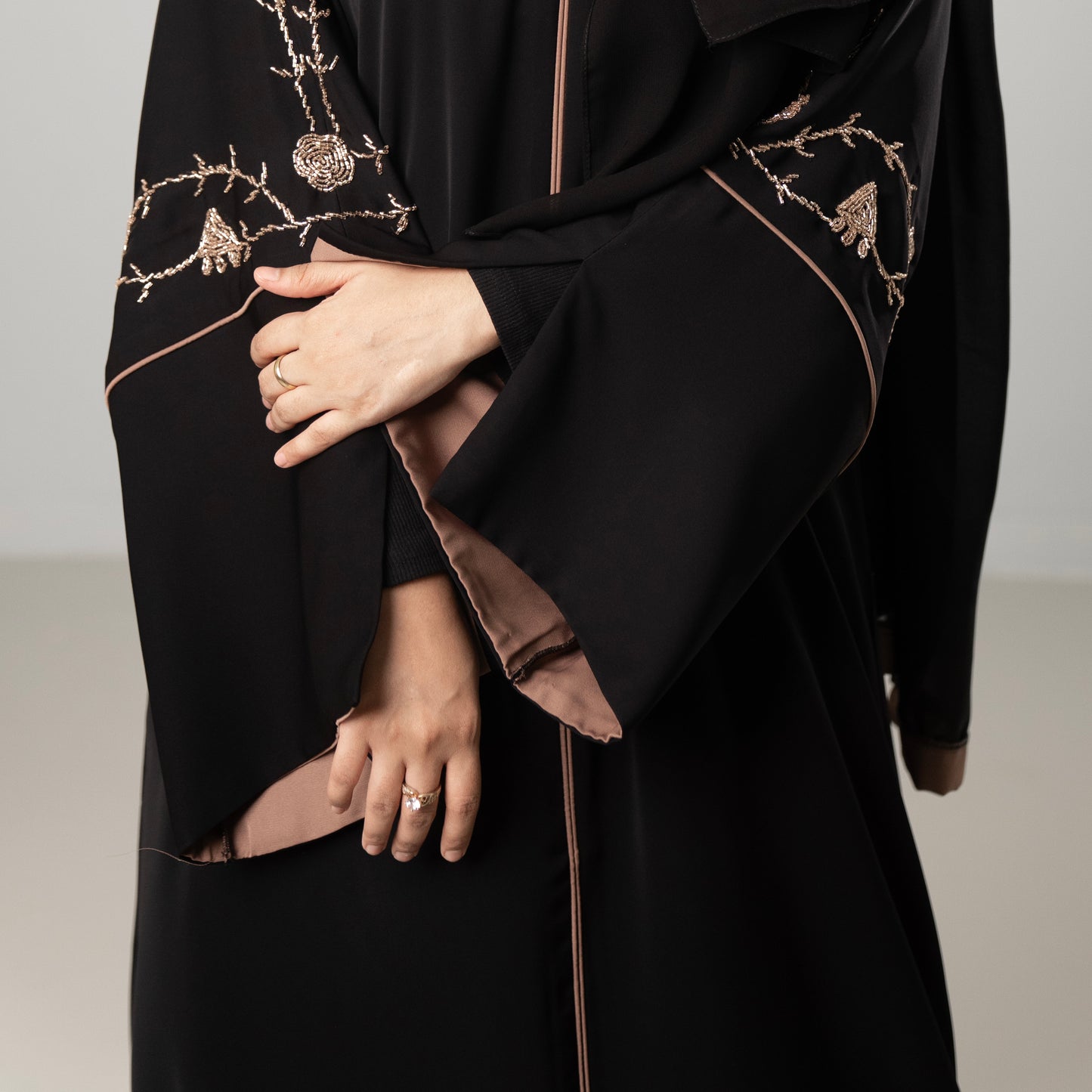 Hayat Elegant Abaya with Gold Zari Handwork & Contrast Bell Sleeves